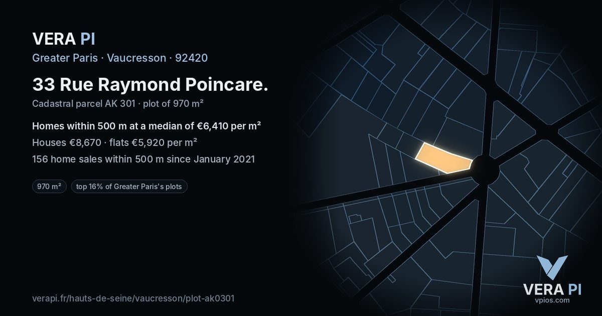 33 Rue Raymond Poincare, Vaucresson at night – the plot lit, the parcels around coloured by the prices near them