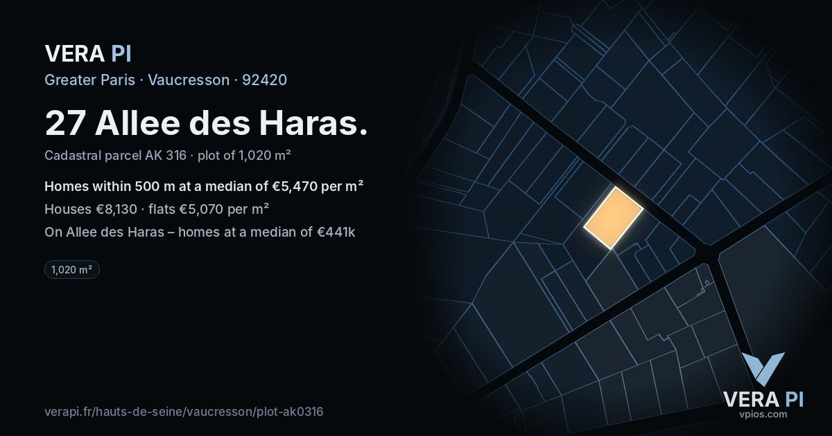 27 Allee des Haras, Vaucresson at night – the plot lit, the parcels around coloured by the prices near them