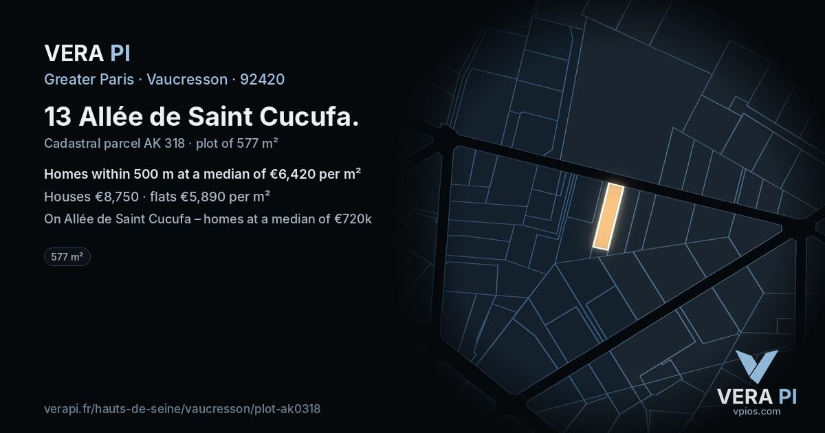 13 Allée de Saint Cucufa, Vaucresson at night – the plot lit, the parcels around coloured by the prices near them