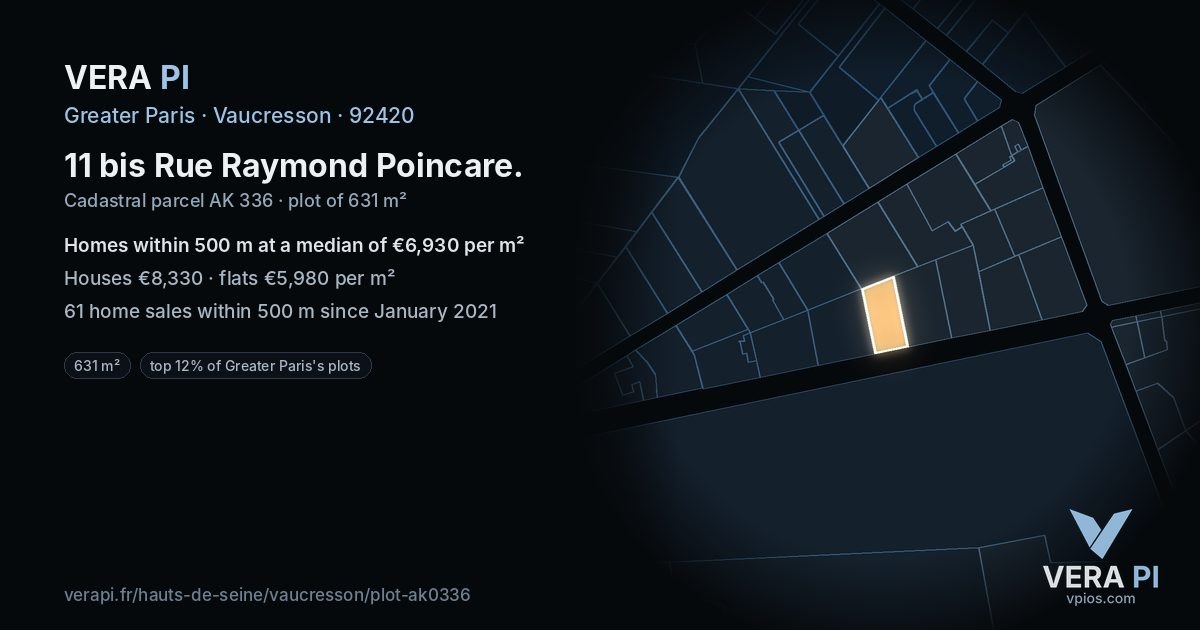 11 bis Rue Raymond Poincare, Vaucresson at night – the plot lit, the parcels around coloured by the prices near them
