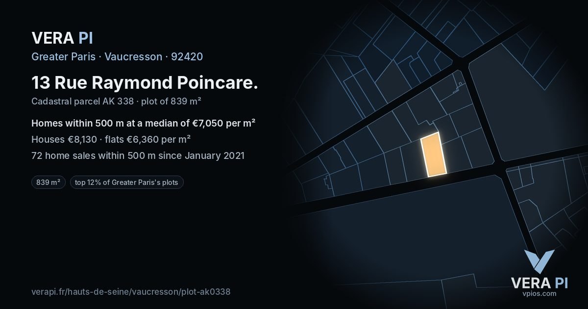 13 Rue Raymond Poincare, Vaucresson at night – the plot lit, the parcels around coloured by the prices near them