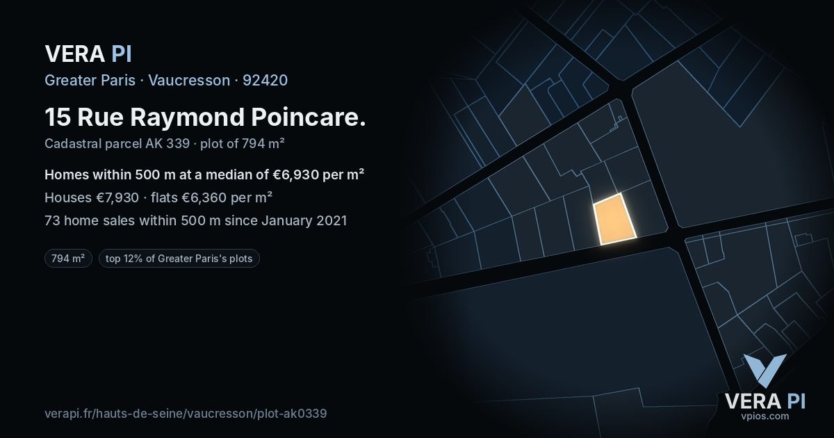 15 Rue Raymond Poincare, Vaucresson at night – the plot lit, the parcels around coloured by the prices near them