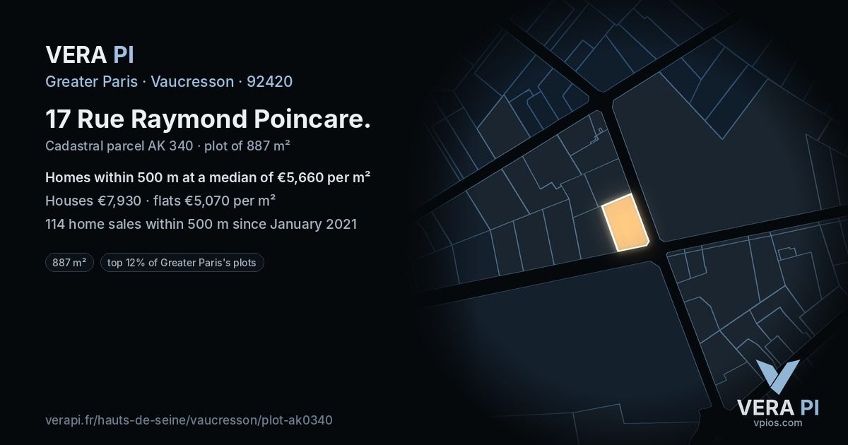 17 Rue Raymond Poincare, Vaucresson at night – the plot lit, the parcels around coloured by the prices near them