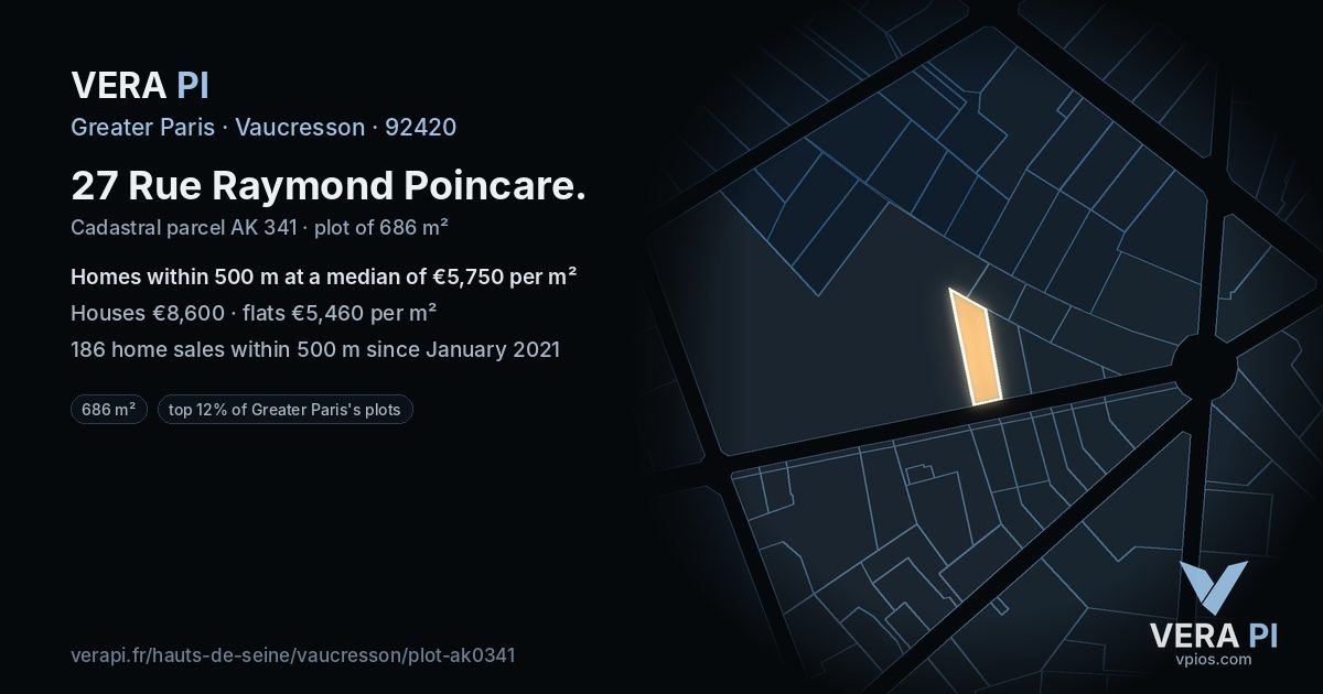 27 Rue Raymond Poincare, Vaucresson at night – the plot lit, the parcels around coloured by the prices near them
