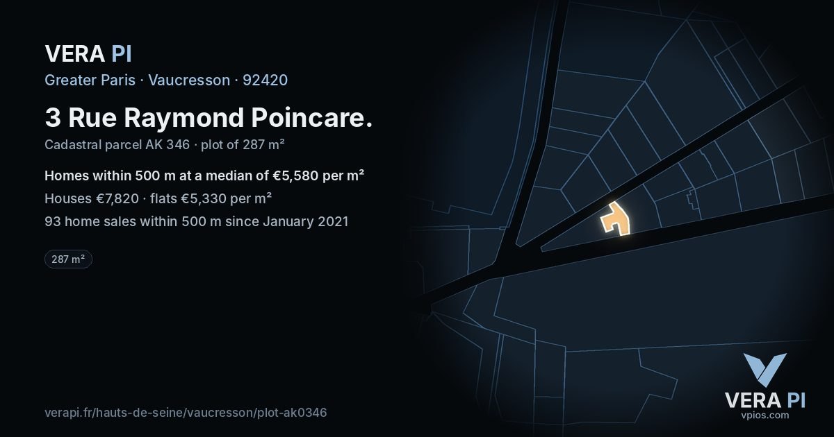 3 Rue Raymond Poincare, Vaucresson at night – the plot lit, the parcels around coloured by the prices near them