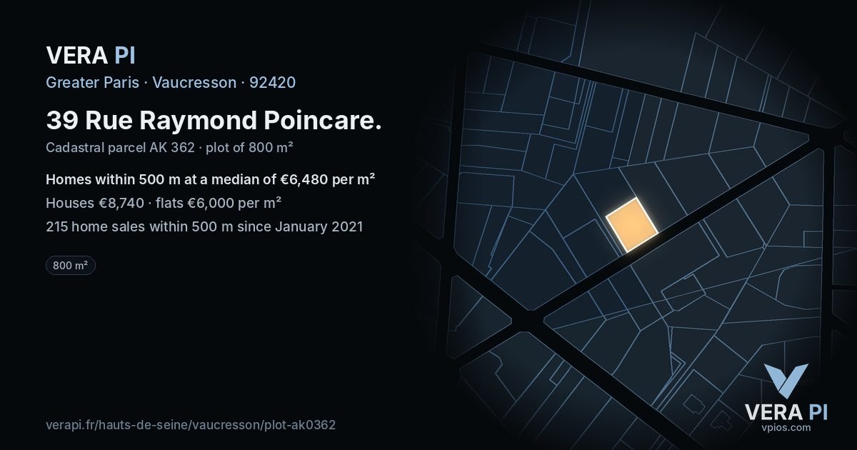 39 Rue Raymond Poincare, Vaucresson at night – the plot lit, the parcels around coloured by the prices near them