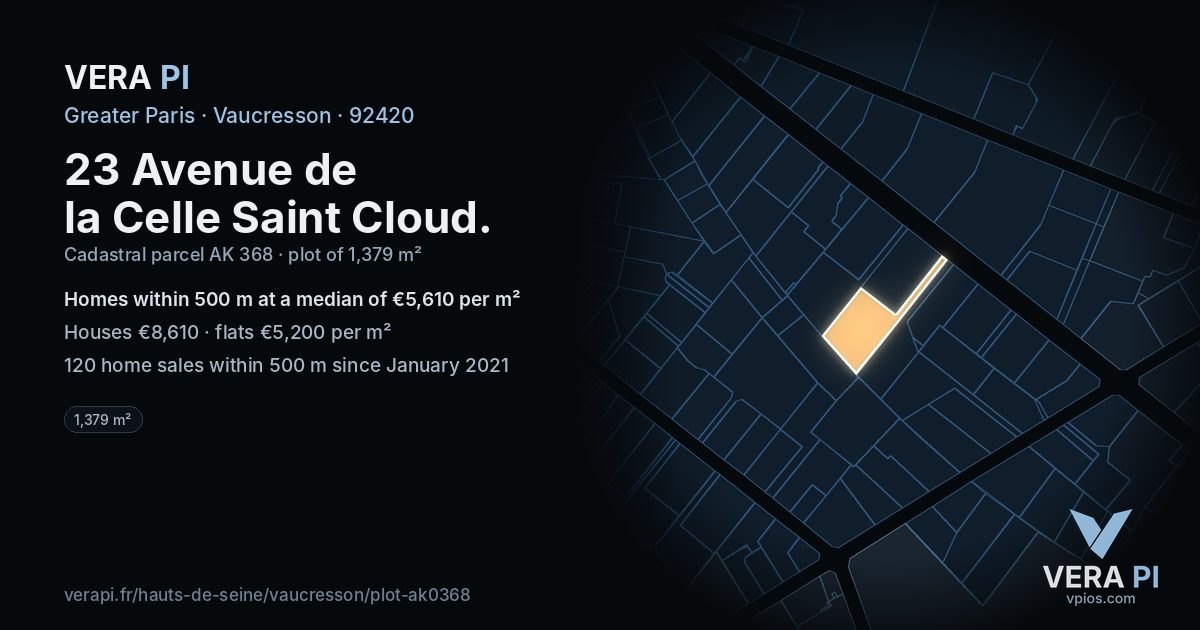 23 Avenue de la Celle Saint Cloud, Vaucresson at night – the plot lit, the parcels around coloured by the prices near them