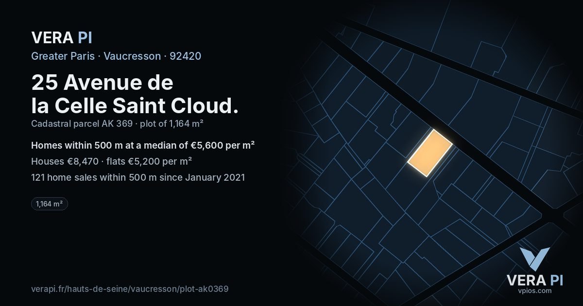 25 Avenue de la Celle Saint Cloud, Vaucresson at night – the plot lit, the parcels around coloured by the prices near them