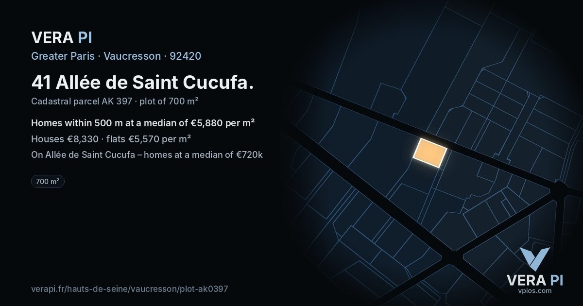 41 Allée de Saint Cucufa, Vaucresson at night – the plot lit, the parcels around coloured by the prices near them