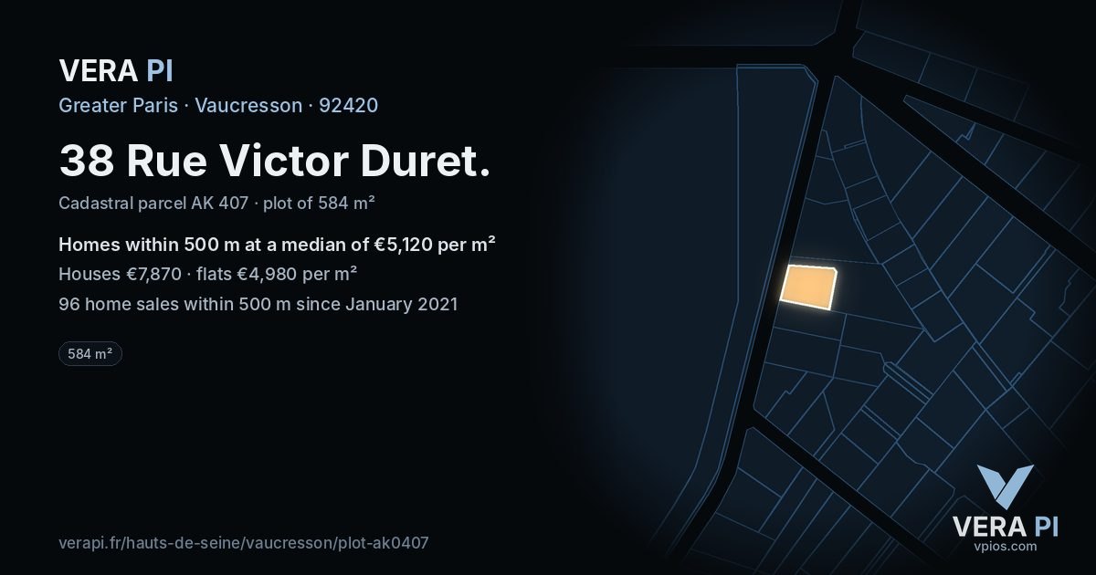 38 Rue Victor Duret, Vaucresson at night – the plot lit, the parcels around coloured by the prices near them