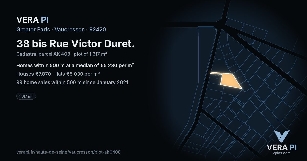 38 bis Rue Victor Duret, Vaucresson at night – the plot lit, the parcels around coloured by the prices near them