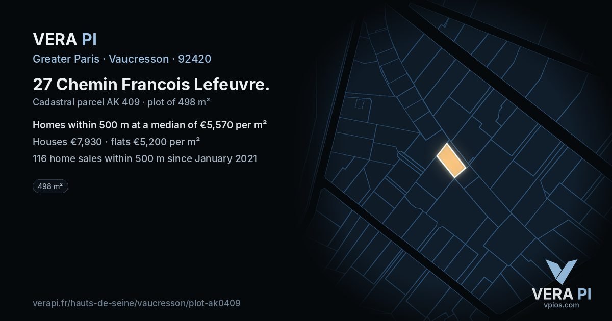 27 Chemin Francois Lefeuvre, Vaucresson at night – the plot lit, the parcels around coloured by the prices near them
