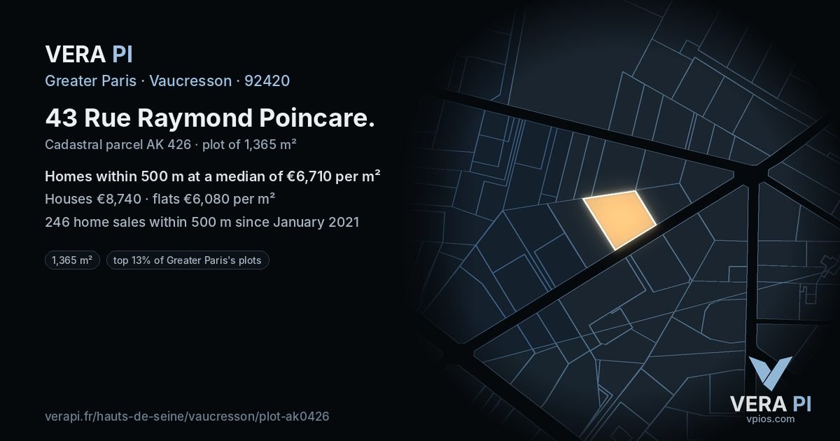 43 Rue Raymond Poincare, Vaucresson at night – the plot lit, the parcels around coloured by the prices near them