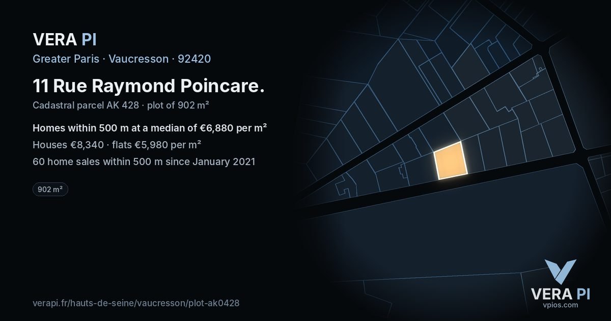11 Rue Raymond Poincare, Vaucresson at night – the plot lit, the parcels around coloured by the prices near them