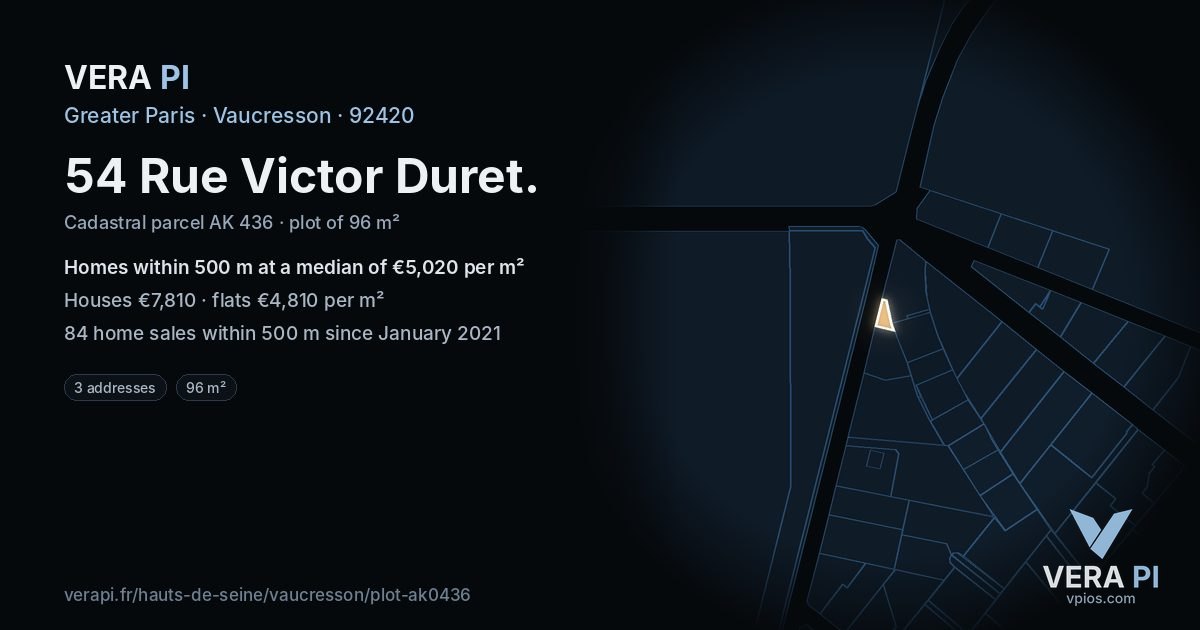 54 Rue Victor Duret, Vaucresson at night – the plot lit, the parcels around coloured by the prices near them