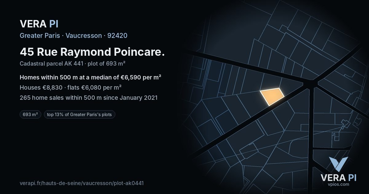 45 Rue Raymond Poincare, Vaucresson at night – the plot lit, the parcels around coloured by the prices near them