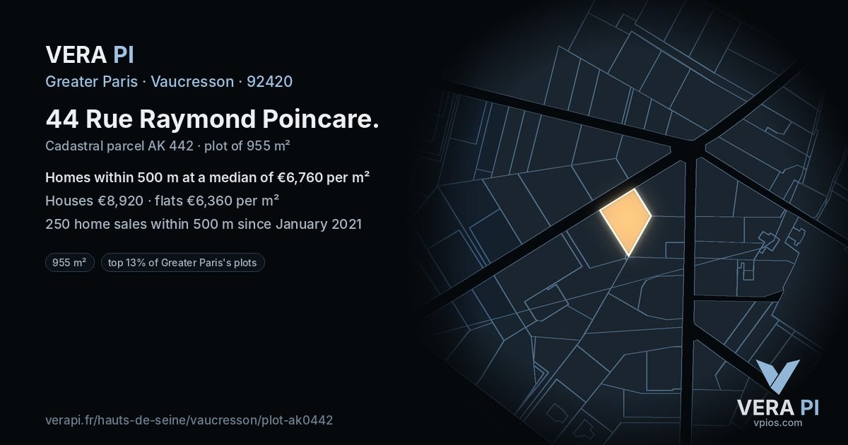 44 Rue Raymond Poincare, Vaucresson at night – the plot lit, the parcels around coloured by the prices near them