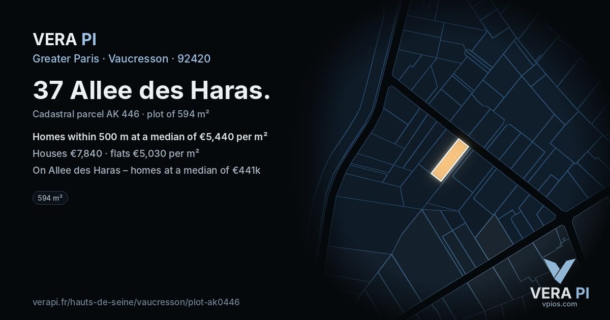37 Allee des Haras, Vaucresson at night – the plot lit, the parcels around coloured by the prices near them