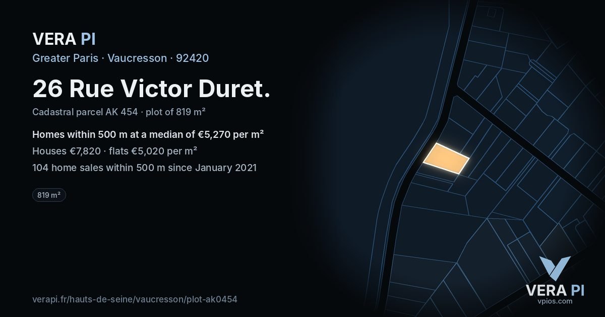26 Rue Victor Duret, Vaucresson at night – the plot lit, the parcels around coloured by the prices near them