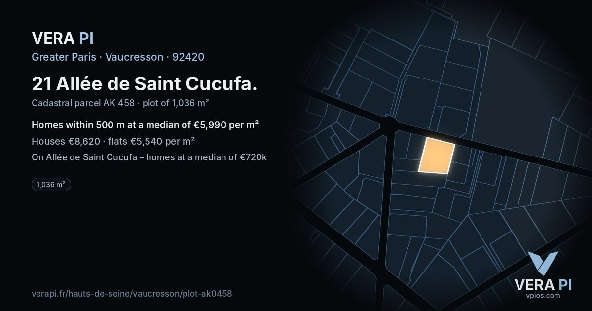 21 Allée de Saint Cucufa, Vaucresson at night – the plot lit, the parcels around coloured by the prices near them