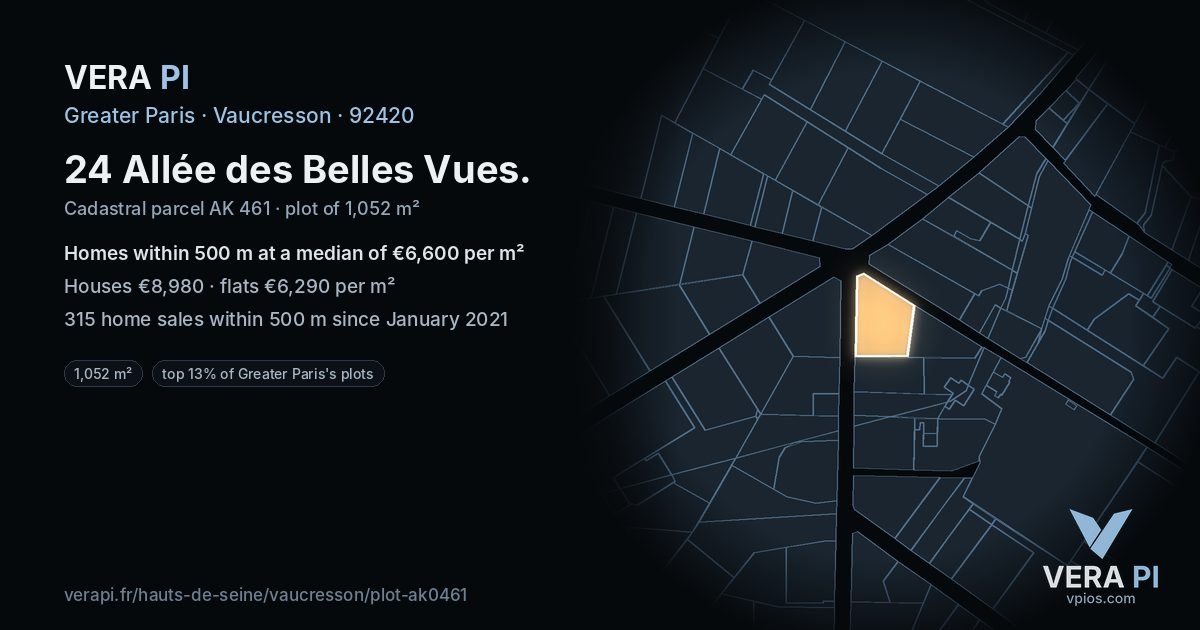 24 Allée des Belles Vues, Vaucresson at night – the plot lit, the parcels around coloured by the prices near them