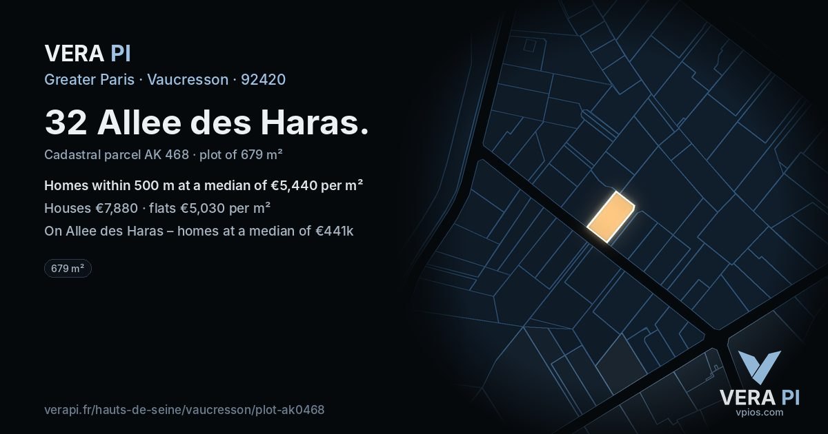 32 Allee des Haras, Vaucresson at night – the plot lit, the parcels around coloured by the prices near them