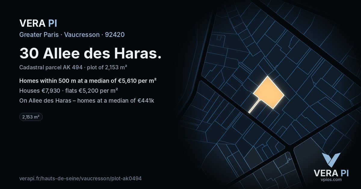 30 Allee des Haras, Vaucresson at night – the plot lit, the parcels around coloured by the prices near them