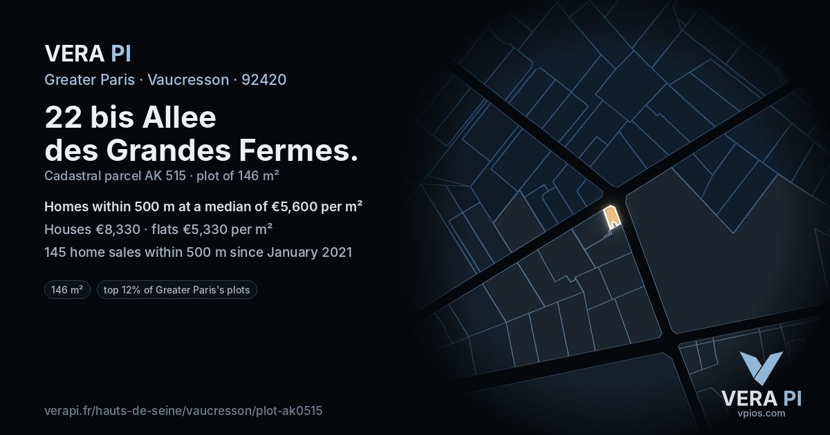 22 bis Allee des Grandes Fermes, Vaucresson at night – the plot lit, the parcels around coloured by the prices near them