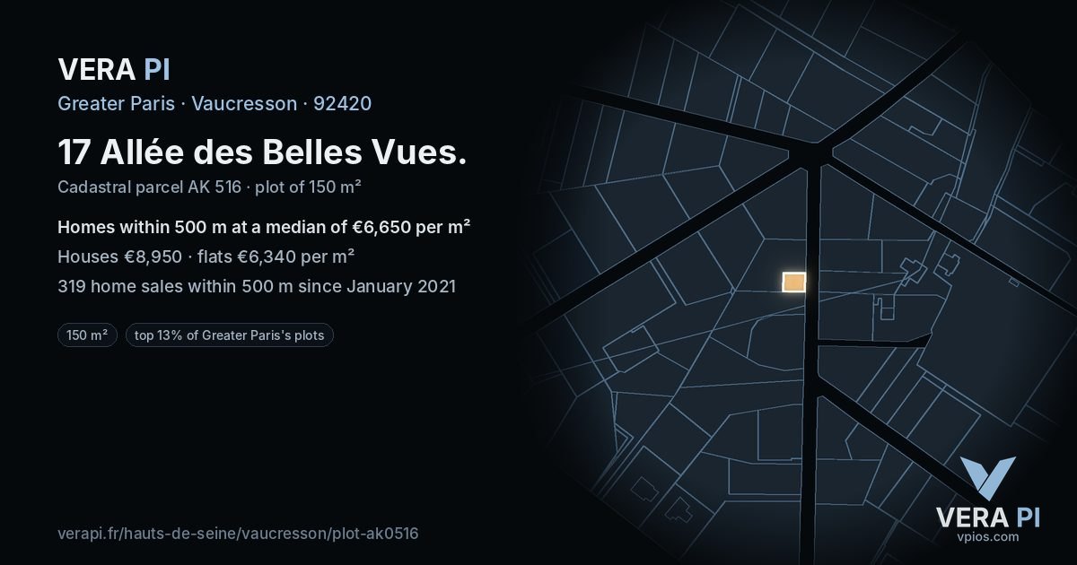 17 Allée des Belles Vues, Vaucresson at night – the plot lit, the parcels around coloured by the prices near them