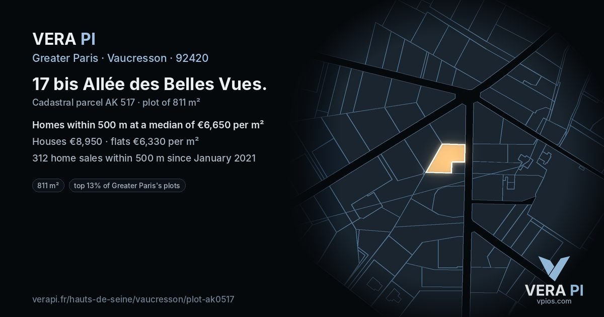 17 bis Allée des Belles Vues, Vaucresson at night – the plot lit, the parcels around coloured by the prices near them