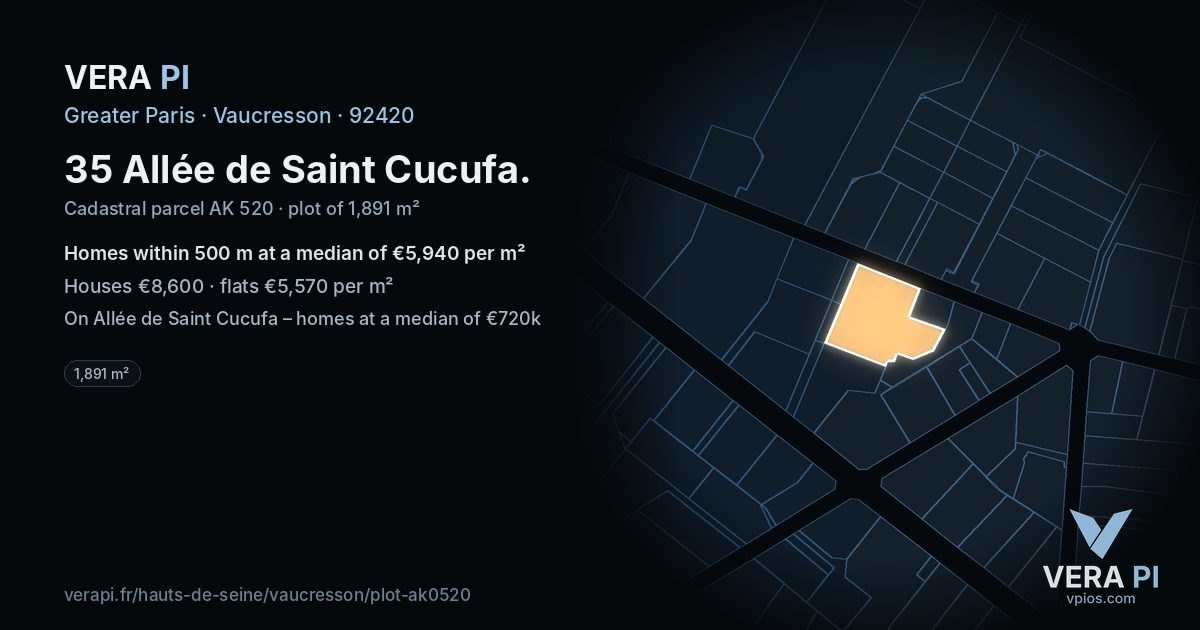 35 Allée de Saint Cucufa, Vaucresson at night – the plot lit, the parcels around coloured by the prices near them