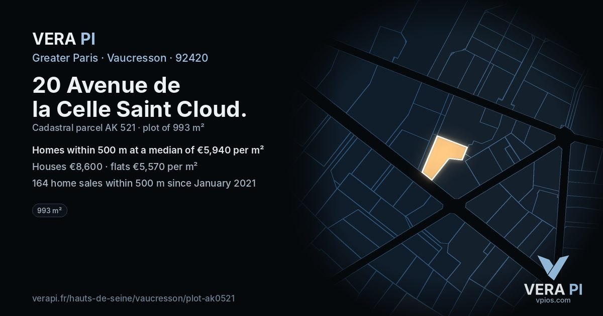 20 Avenue de la Celle Saint Cloud, Vaucresson at night – the plot lit, the parcels around coloured by the prices near them