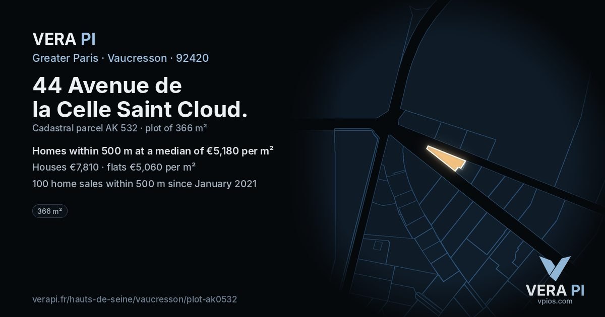 44 Avenue de la Celle Saint Cloud, Vaucresson at night – the plot lit, the parcels around coloured by the prices near them