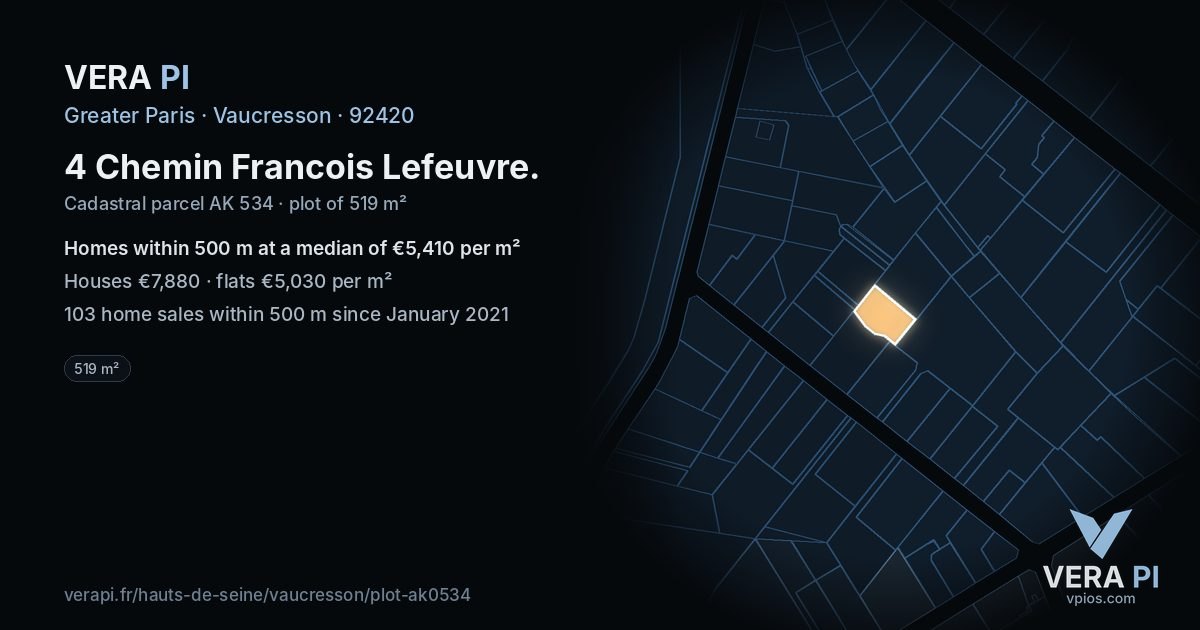 4 Chemin Francois Lefeuvre, Vaucresson at night – the plot lit, the parcels around coloured by the prices near them