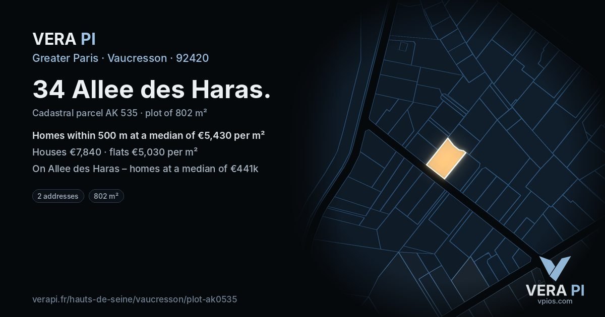 34 Allee des Haras, Vaucresson at night – the plot lit, the parcels around coloured by the prices near them