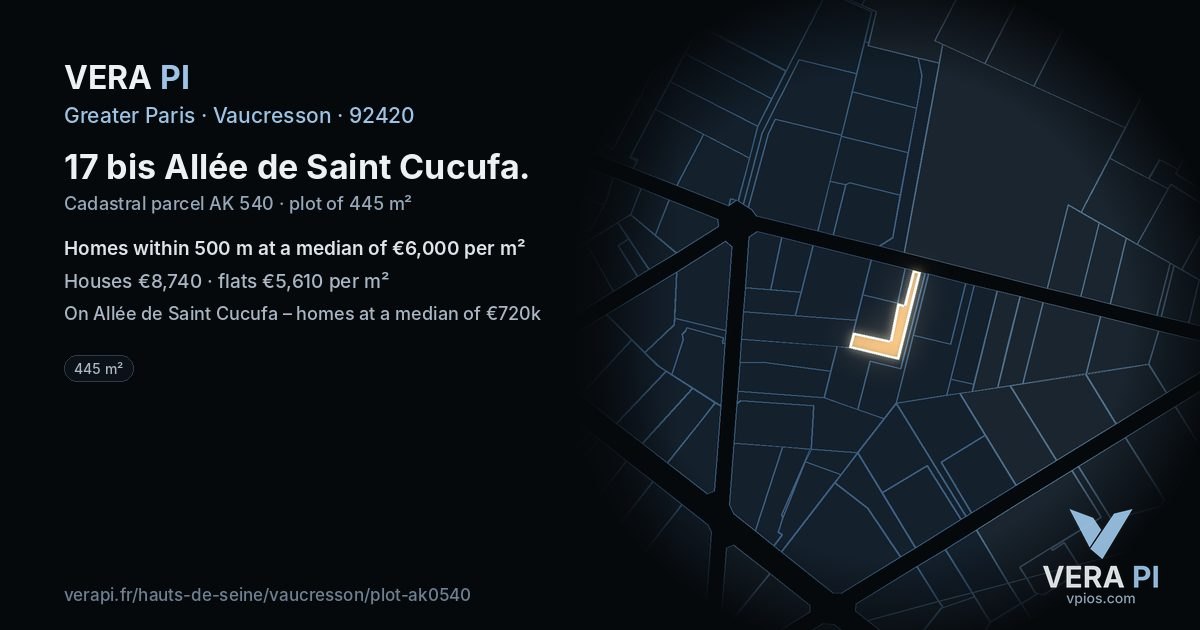17 bis Allée de Saint Cucufa, Vaucresson at night – the plot lit, the parcels around coloured by the prices near them