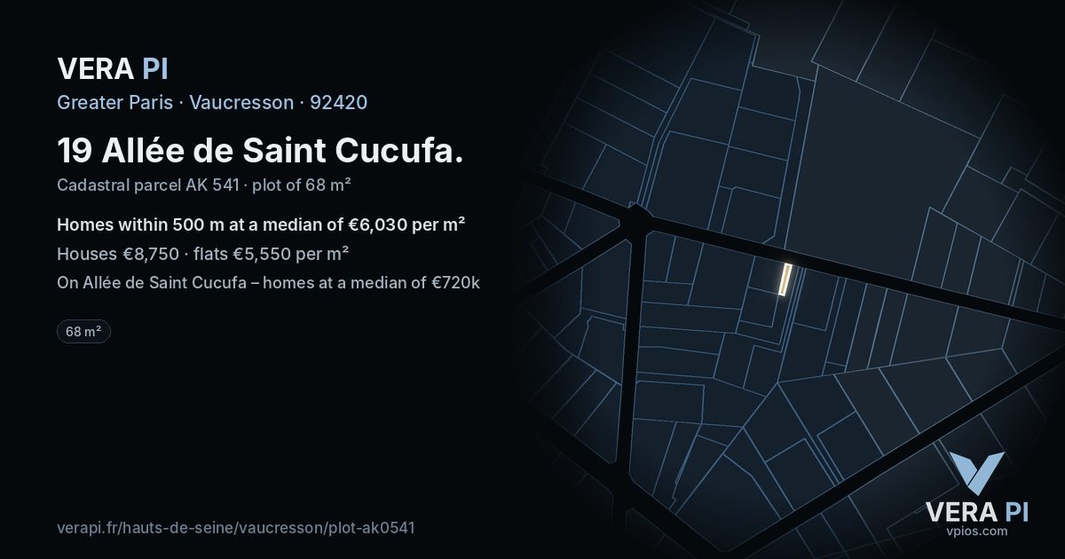 19 Allée de Saint Cucufa, Vaucresson at night – the plot lit, the parcels around coloured by the prices near them