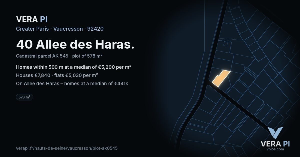40 Allee des Haras, Vaucresson at night – the plot lit, the parcels around coloured by the prices near them