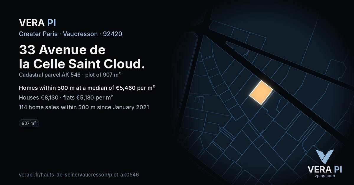 33 Avenue de la Celle Saint Cloud, Vaucresson at night – the plot lit, the parcels around coloured by the prices near them