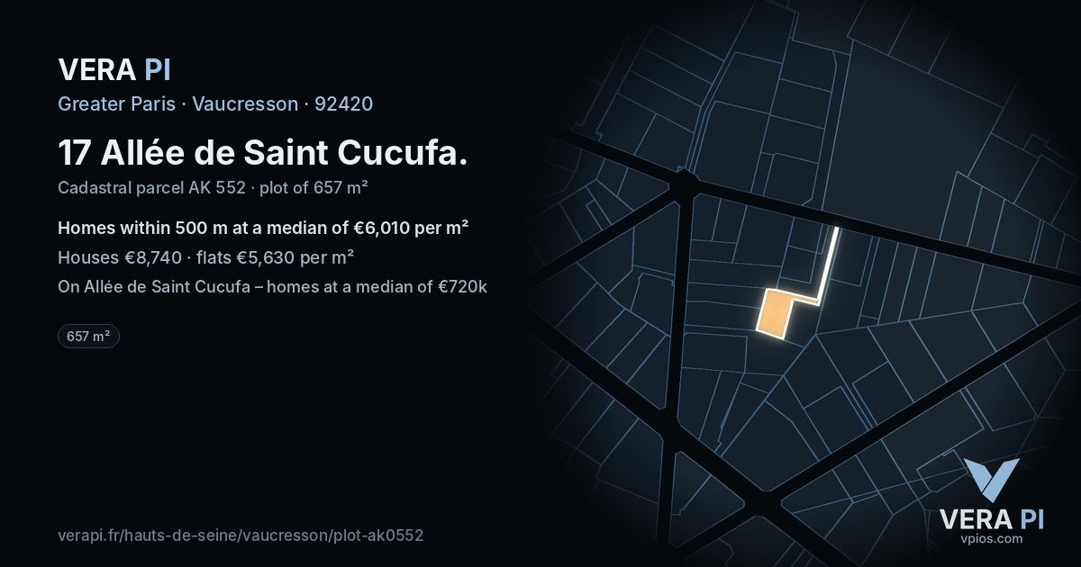 17 Allée de Saint Cucufa, Vaucresson at night – the plot lit, the parcels around coloured by the prices near them