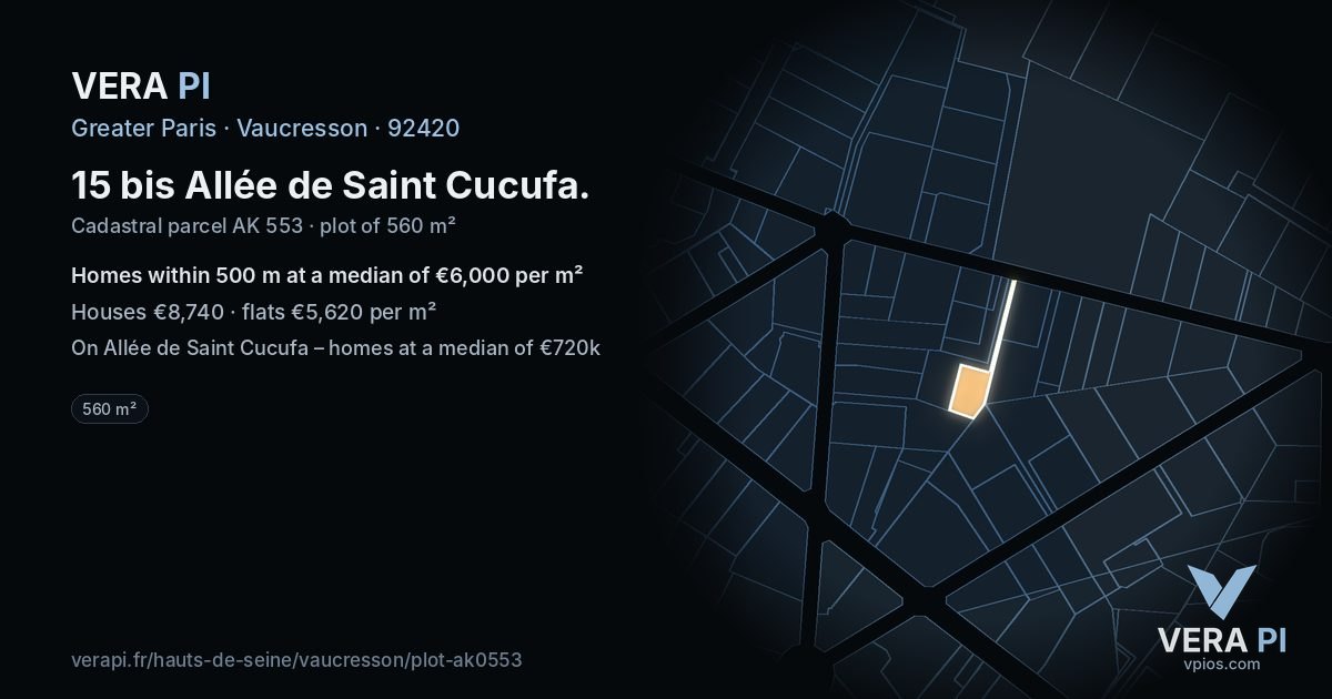 15 bis Allée de Saint Cucufa, Vaucresson at night – the plot lit, the parcels around coloured by the prices near them