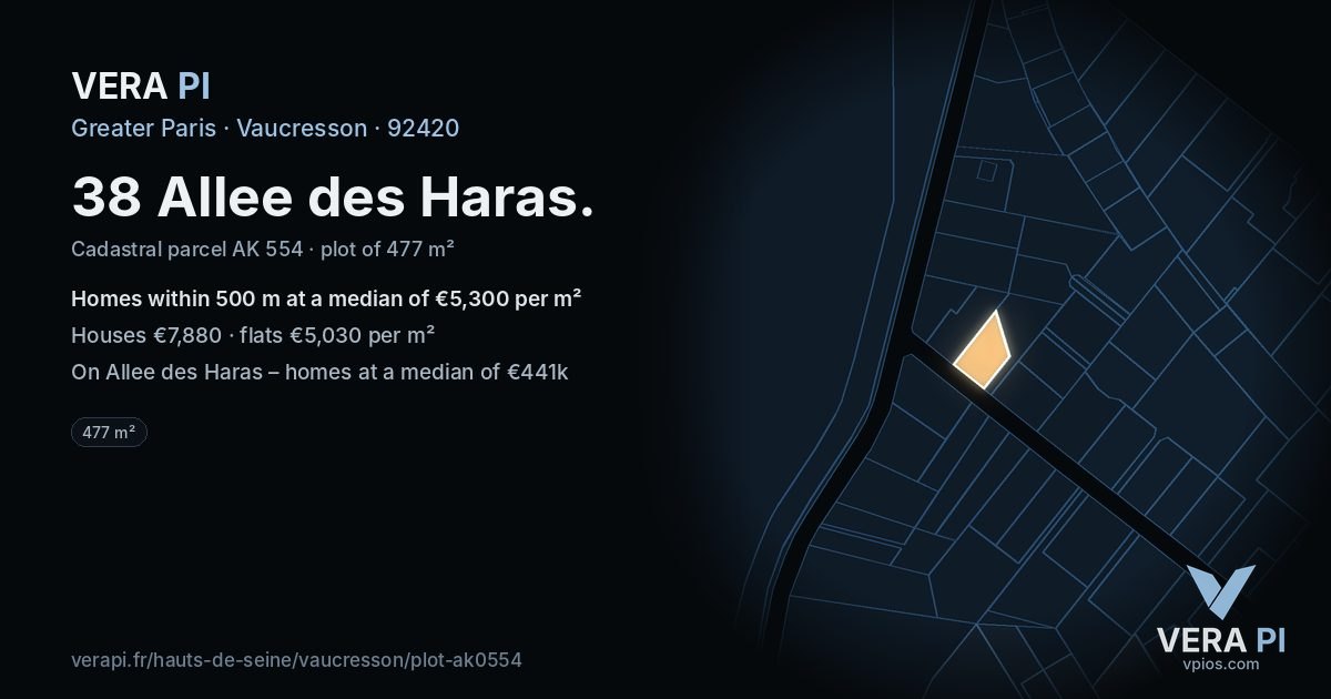 38 Allee des Haras, Vaucresson at night – the plot lit, the parcels around coloured by the prices near them