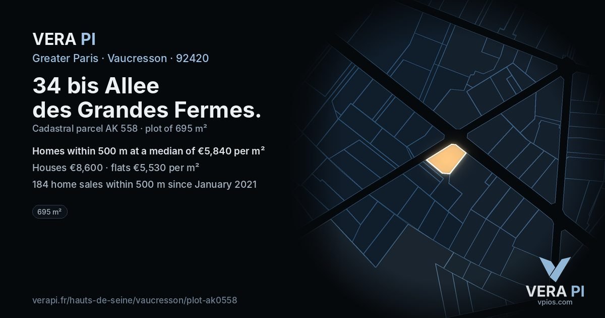 34 bis Allee des Grandes Fermes, Vaucresson at night – the plot lit, the parcels around coloured by the prices near them