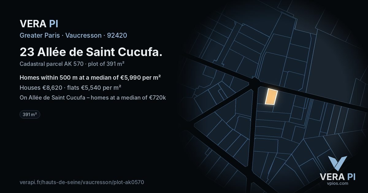 23 Allée de Saint Cucufa, Vaucresson at night – the plot lit, the parcels around coloured by the prices near them