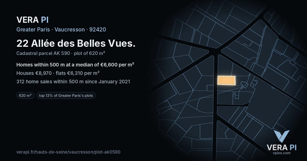 22 Allée des Belles Vues, Vaucresson at night – the plot lit, the parcels around coloured by the prices near them