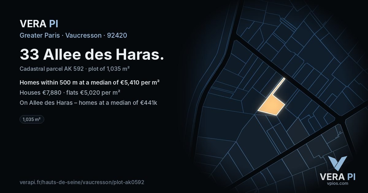 33 Allee des Haras, Vaucresson at night – the plot lit, the parcels around coloured by the prices near them