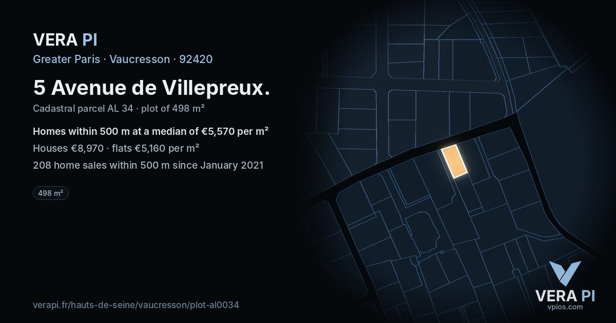 5 Avenue de Villepreux, Vaucresson at night – the plot lit, the parcels around coloured by the prices near them