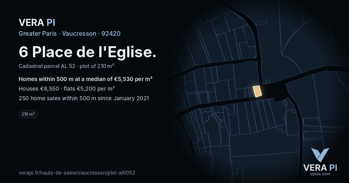 6 Place de l'Eglise, Vaucresson at night – the plot lit, the parcels around coloured by the prices near them