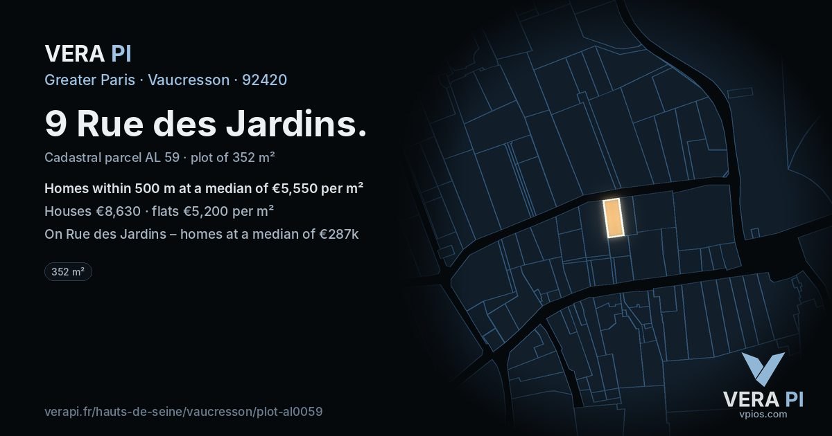9 Rue des Jardins, Vaucresson at night – the plot lit, the parcels around coloured by the prices near them