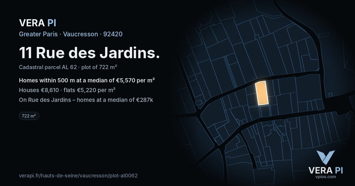 11 Rue des Jardins, Vaucresson at night – the plot lit, the parcels around coloured by the prices near them
